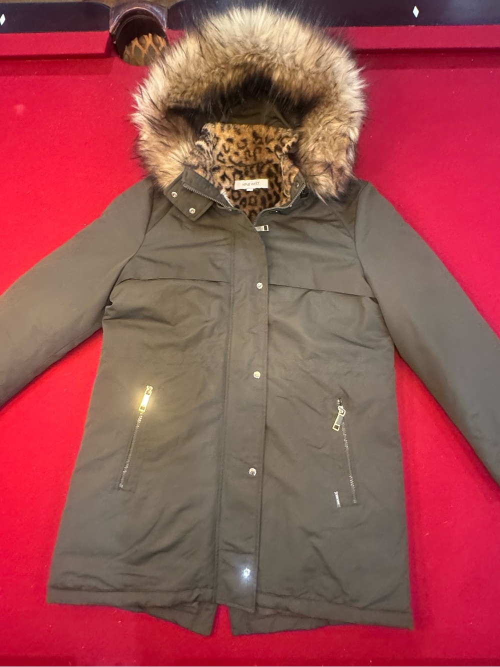 Nine West Olive Green Ski Parka with Faux-Fur Hood and Leopard Lining